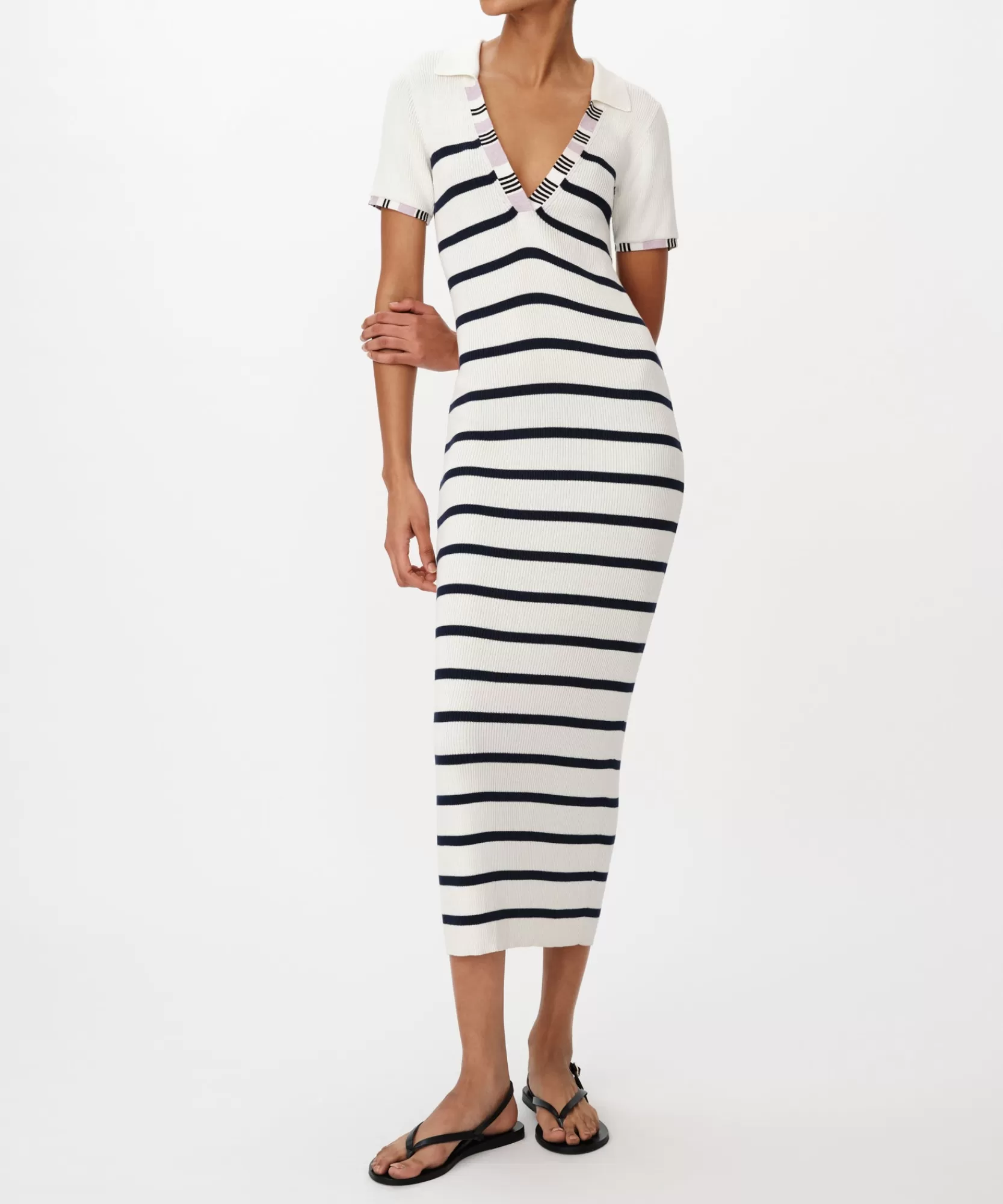 Women ATM Anthony Thomas Melillo Dresses | Cotton Silk Blend Striped Sleeveless Split Collar Dress -