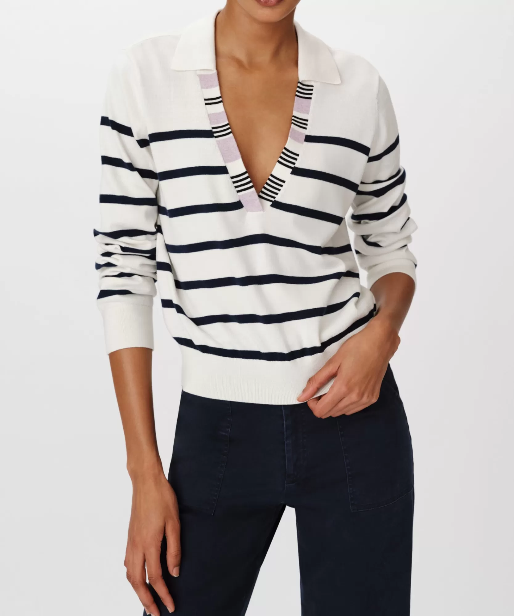 Women ATM Anthony Thomas Melillo Sweats | Sweaters & Cardigans | Cotton Silk Blend Striped Split Collar Sweater -