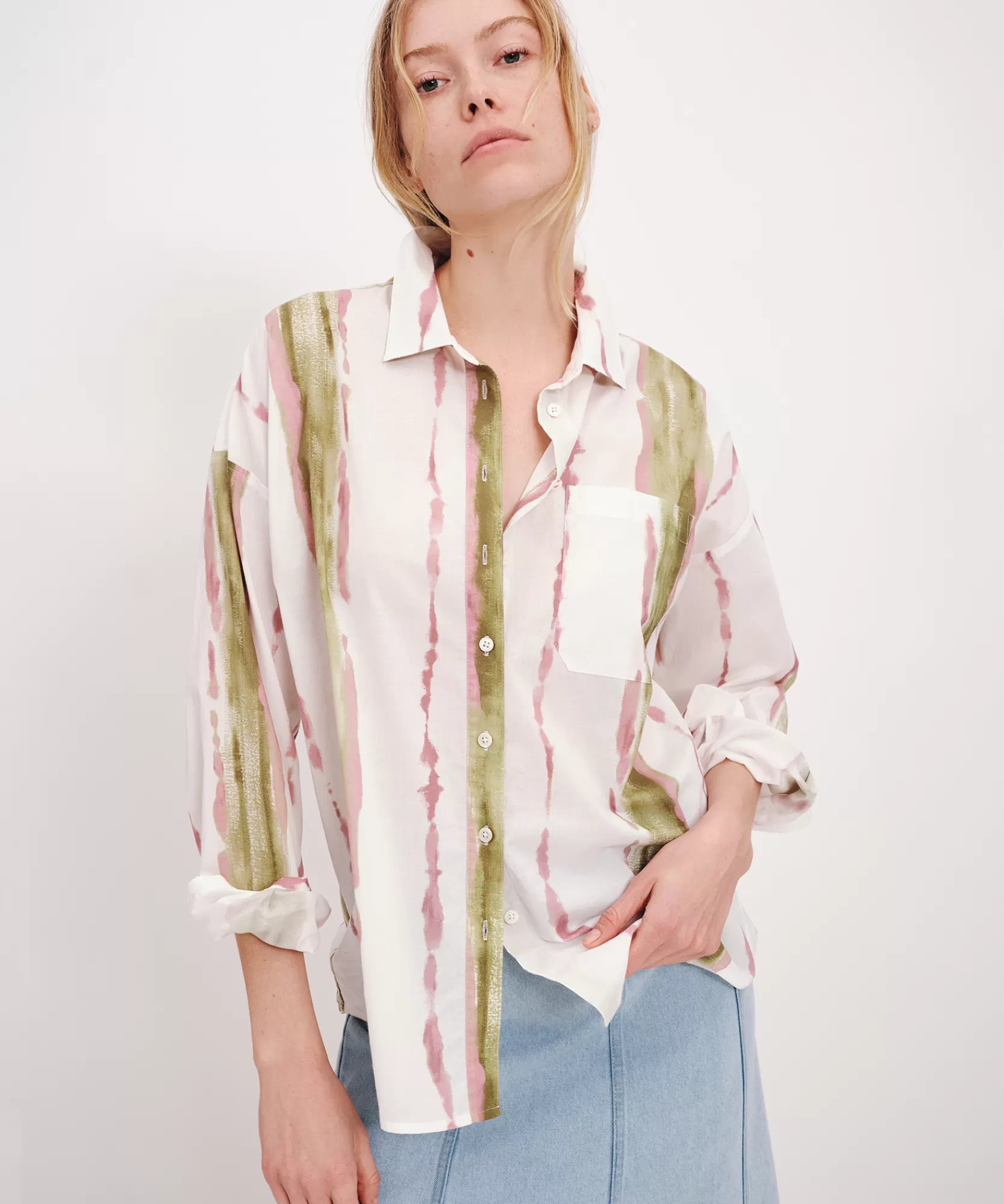 Women ATM Anthony Thomas Melillo Tops & Jersey Shirts | Lightweight Shirting With Paintstroke Boyfriend Shirt -
